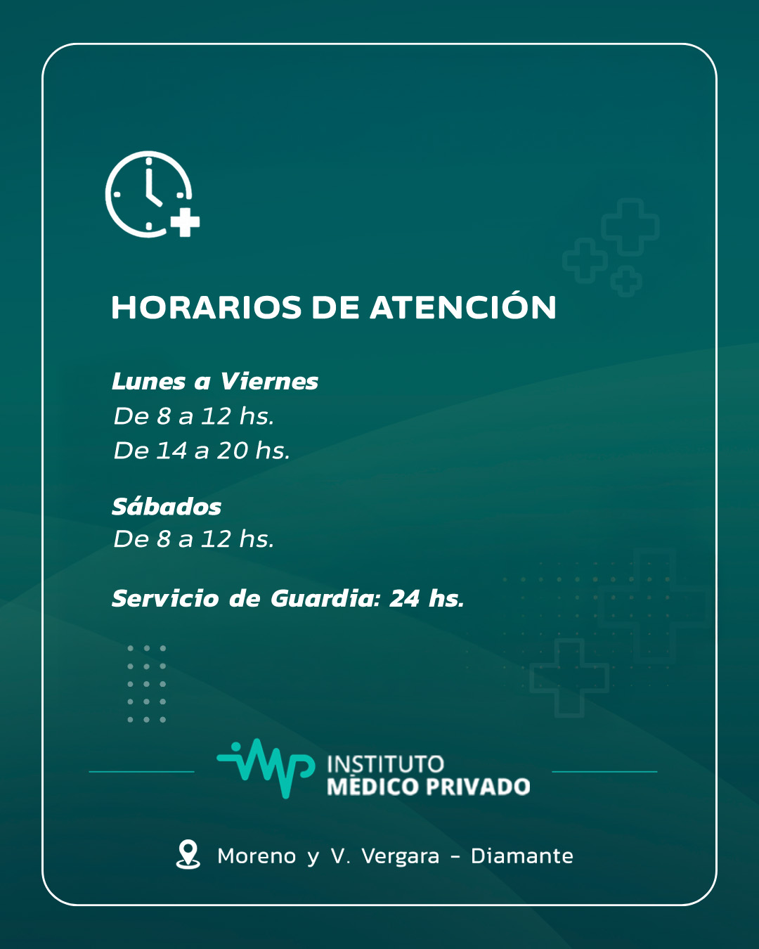 Horarios de atención en secretaría del Instituto Médico Privado Diamante